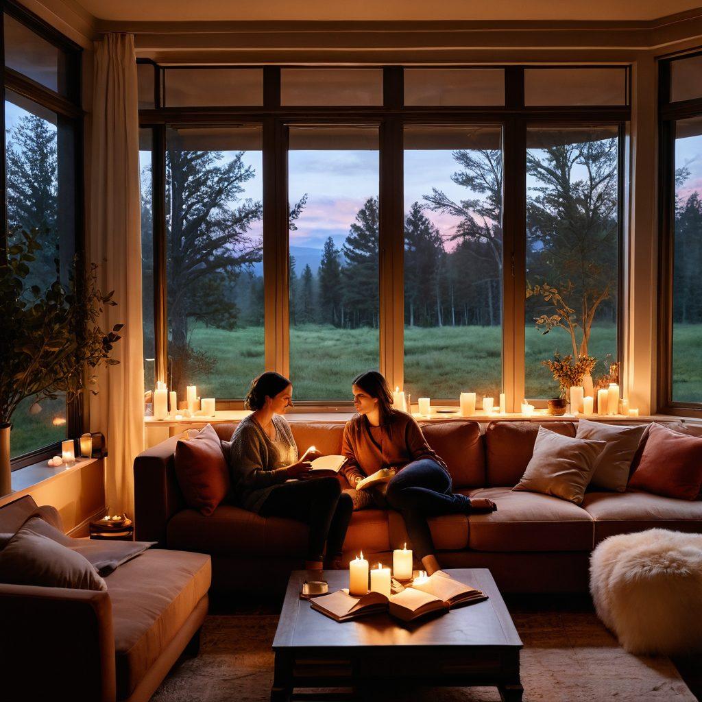 A cozy, warm living room setting with a couple sitting together on a plush sofa, engaging in deep conversation, surrounded by open books and flickering candles to symbolize intimacy. Soft, ambient lighting enhances their expressions of trust and connection, while a gentle heart motif is subtly integrated into the decor. The background features a window with a view of a serene nature scene to signify growth in the relationship. super-realistic. warm colors. intimate atmosphere.
