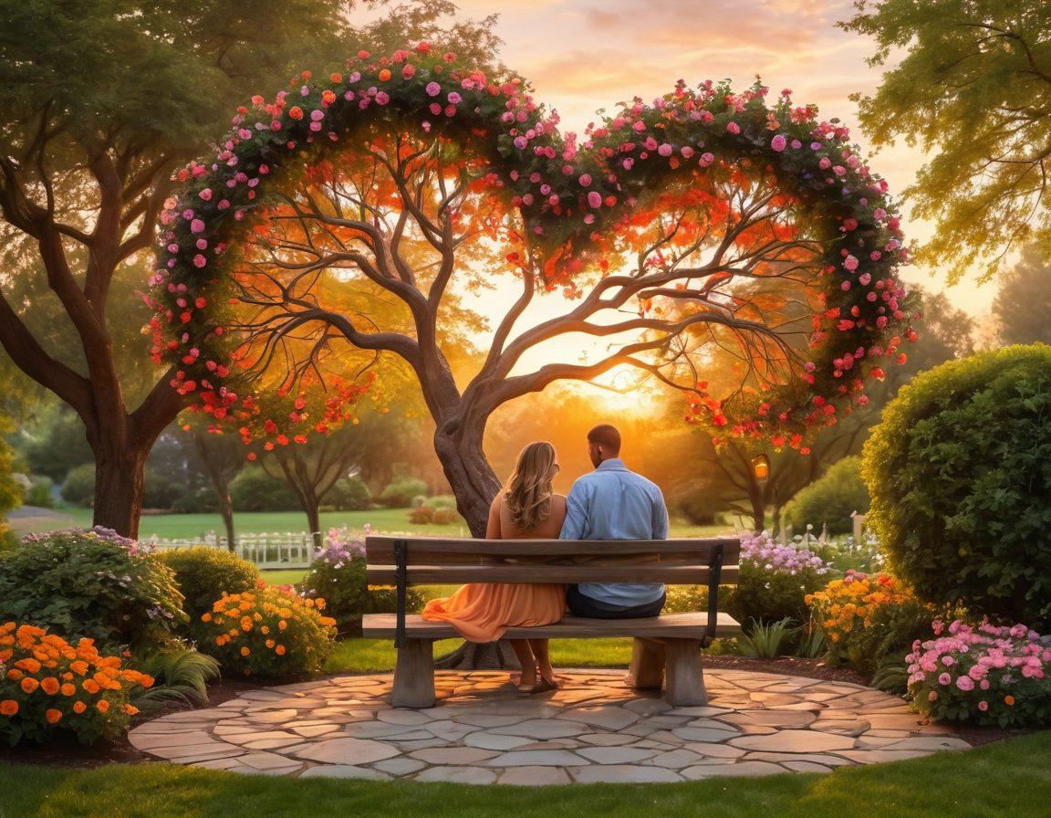 A heart-shaped tree with intertwining branches representing love, adorned with colorful flowers and soft glowing lights, surrounded by a serene garden setting. A couple is sitting on a bench beneath the tree, sharing intimate moments. The scene is bathed in warm sunset hues, symbolizing connection and intimacy. super-realistic. vibrant colors. peaceful ambiance.
