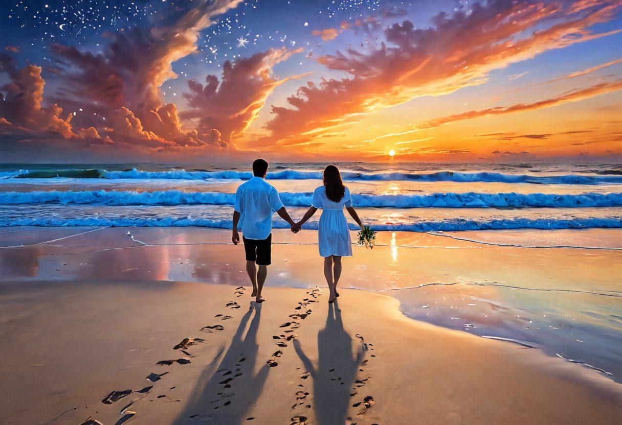 A serene sunset scene depicting a couple holding hands while walking along a beach, surrounded by soft waves and gentle footprints in the sand. Above them, a sky filled with stars beginning to twinkle, symbolizing a journey filled with love and commitment. Incorporate elements like heart-shaped clouds and delicate flowers at their feet to enhance the theme of togetherness. super-realistic. vibrant colors. soft focus.